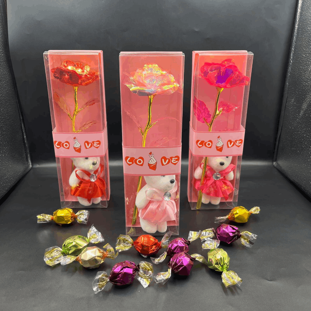 Twist Çikolata & Şeffaf Kutuda Açık Pembe Ayıcık & Gül