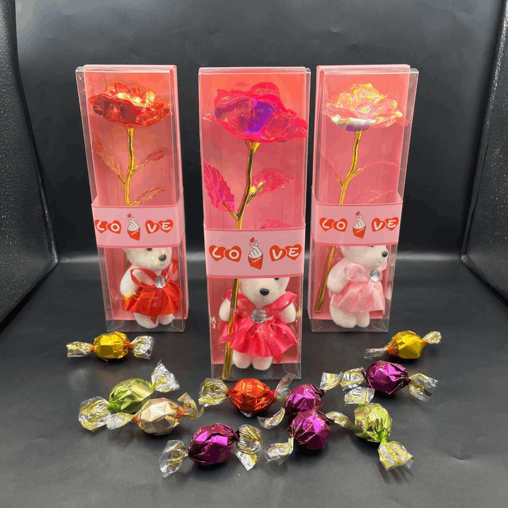 Twist Çikolata & Şeffaf Kutuda Pembe Ayıcık & Gül